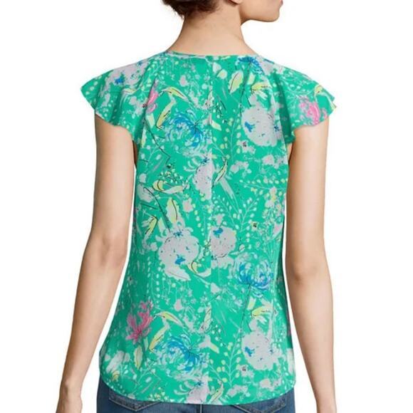 I Heart Ronson Flutter-Sleeve Top Green Peony Spring Blouse -S EUC - Picture 2 of 11